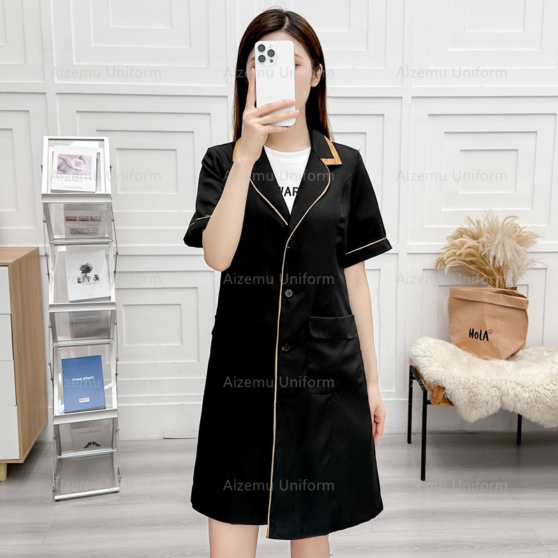 Medical Lab Coat - Uniforme de beleza preto com roupão